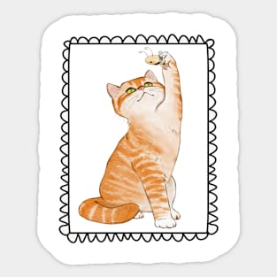 Kitty Reaching for a Bee with Border Sticker